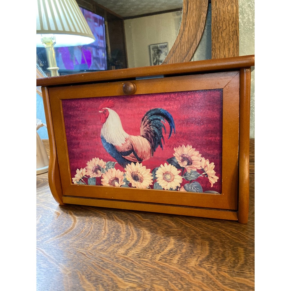 Collections Etc Wooden Rooster Bread Box Sunflower Farmhouse Kitchen Storage Box
